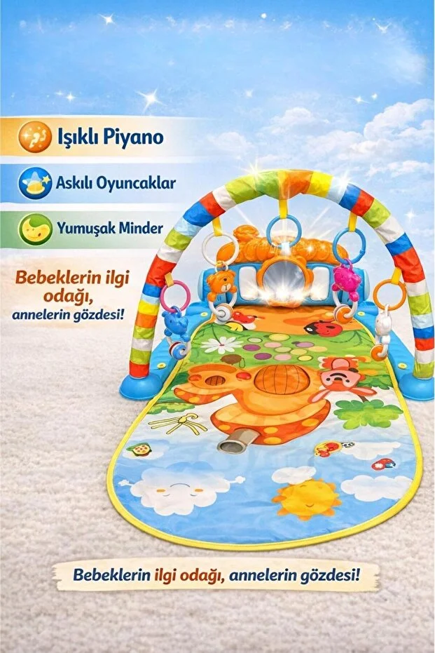 Piyanolu Mantar Desenli Bebek Oyun Halısı – 0+ Ay, Hayvan Figürlü Işıklı ve Müzikli Gelişim Matı 